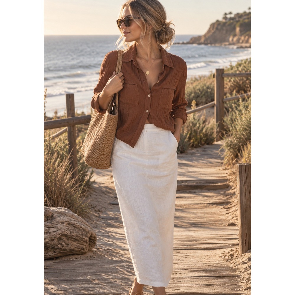 Billabong surf gauze fall color brick pumpkin rust SM loose fit coverup layering